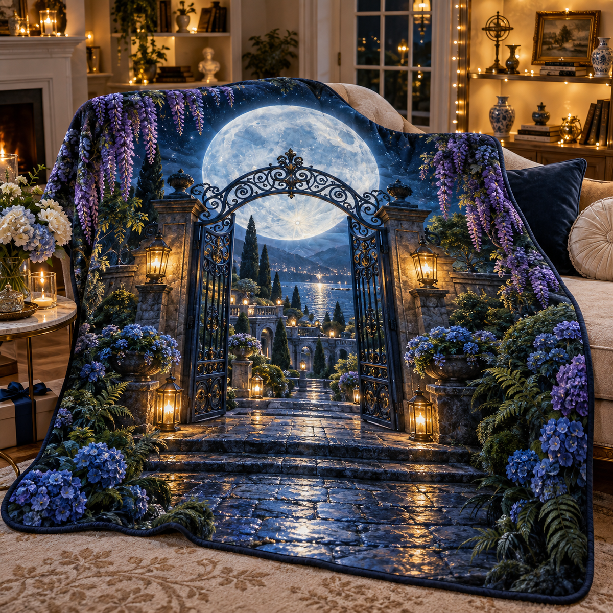 Moon Gate Celebration Quilt Blanket with printed optical 3D artwork in its use setting