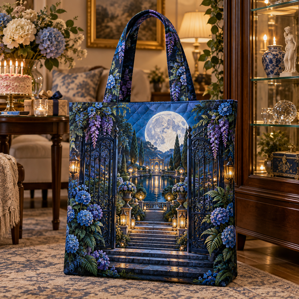 Moon Gate Celebration Quilted Tote Bag with printed optical 3D artwork in its use setting