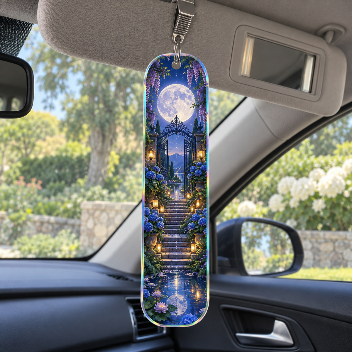 Moon Gate Celebration Holographic Car Visor Clip with printed optical 3D artwork in its use setting