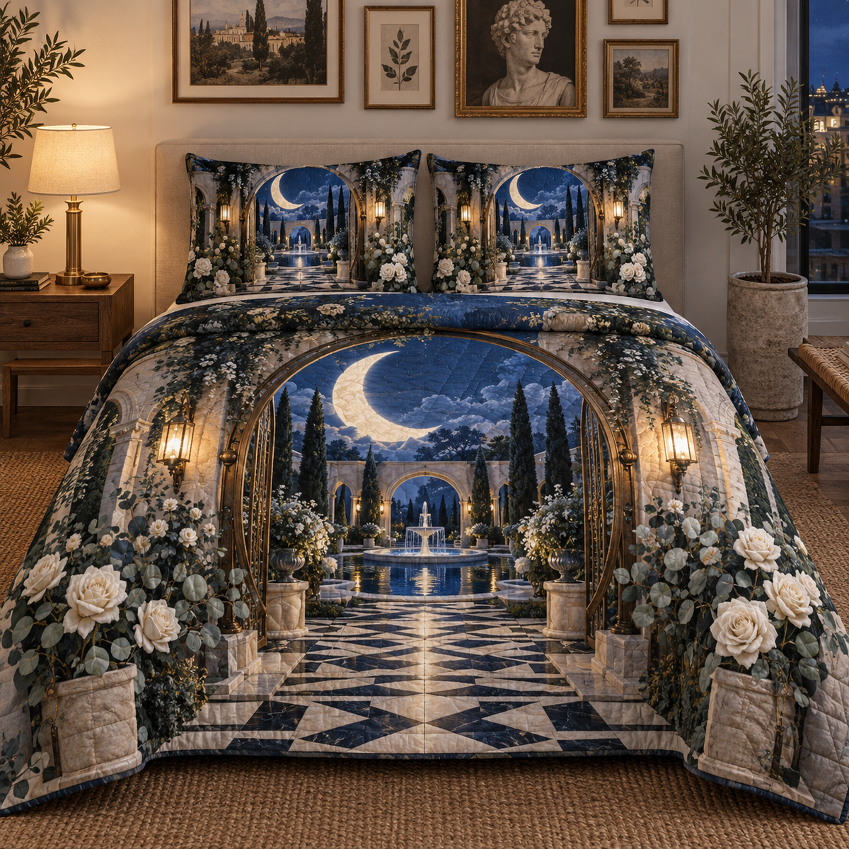 Moonlit Gallery Courtyard Quilted Bedding Set with printed optical 3D artwork in its use setting