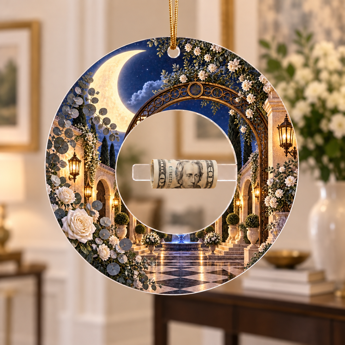 Moonlit Gallery Courtyard Acrylic Cash Holder Ornament with printed optical 3D artwork in its use setting