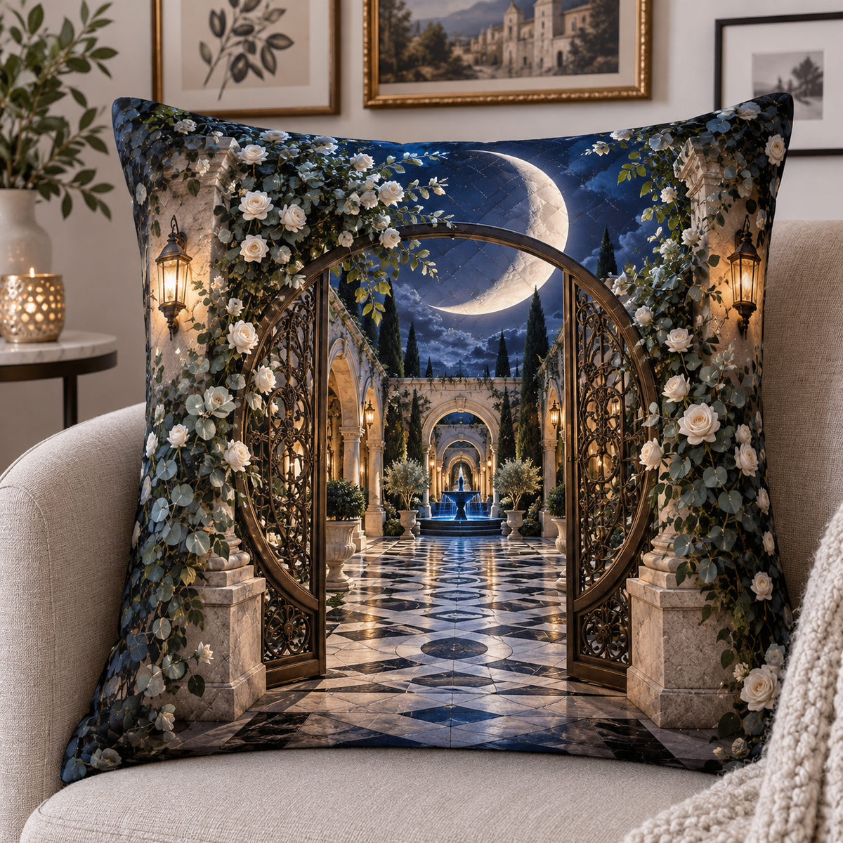 Moonlit Gallery Courtyard Quilted Cushion Cover with printed optical 3D artwork in its use setting