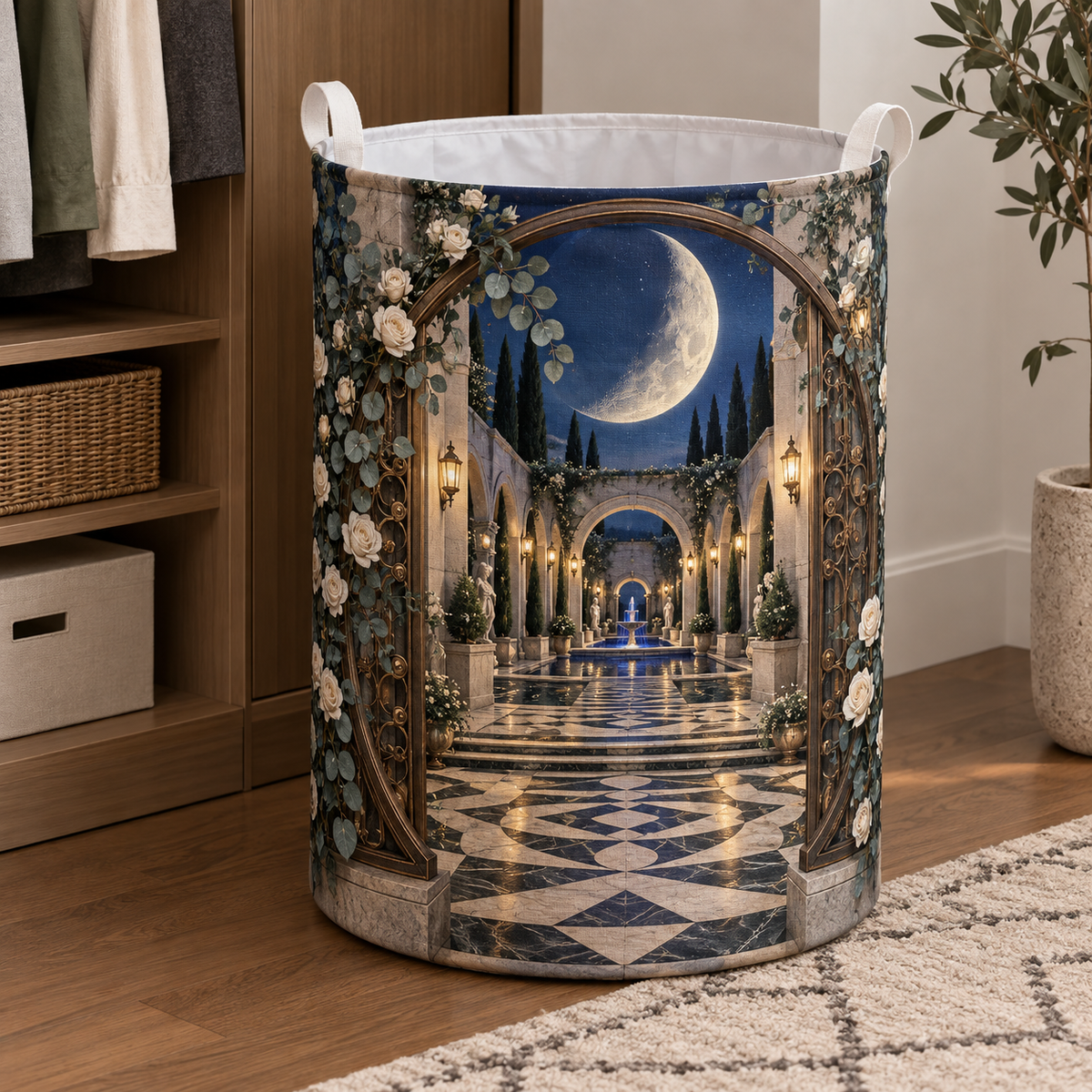Moonlit Gallery Courtyard Laundry Hamper with printed optical 3D artwork in its use setting