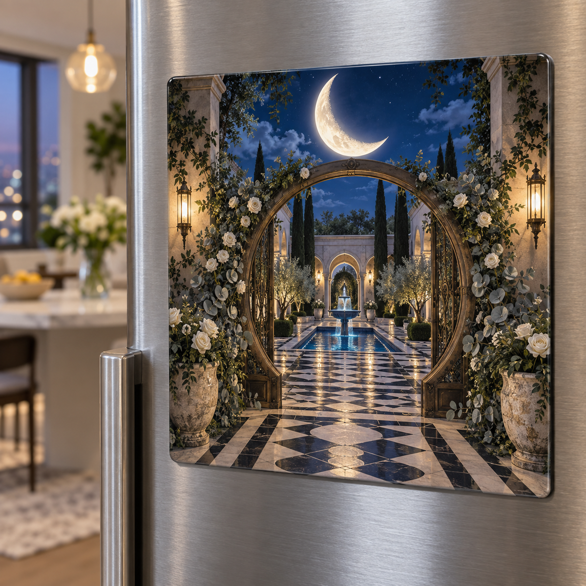 Moonlit Gallery Courtyard Acrylic Refrigerator Magnet with printed optical 3D artwork in its use setting