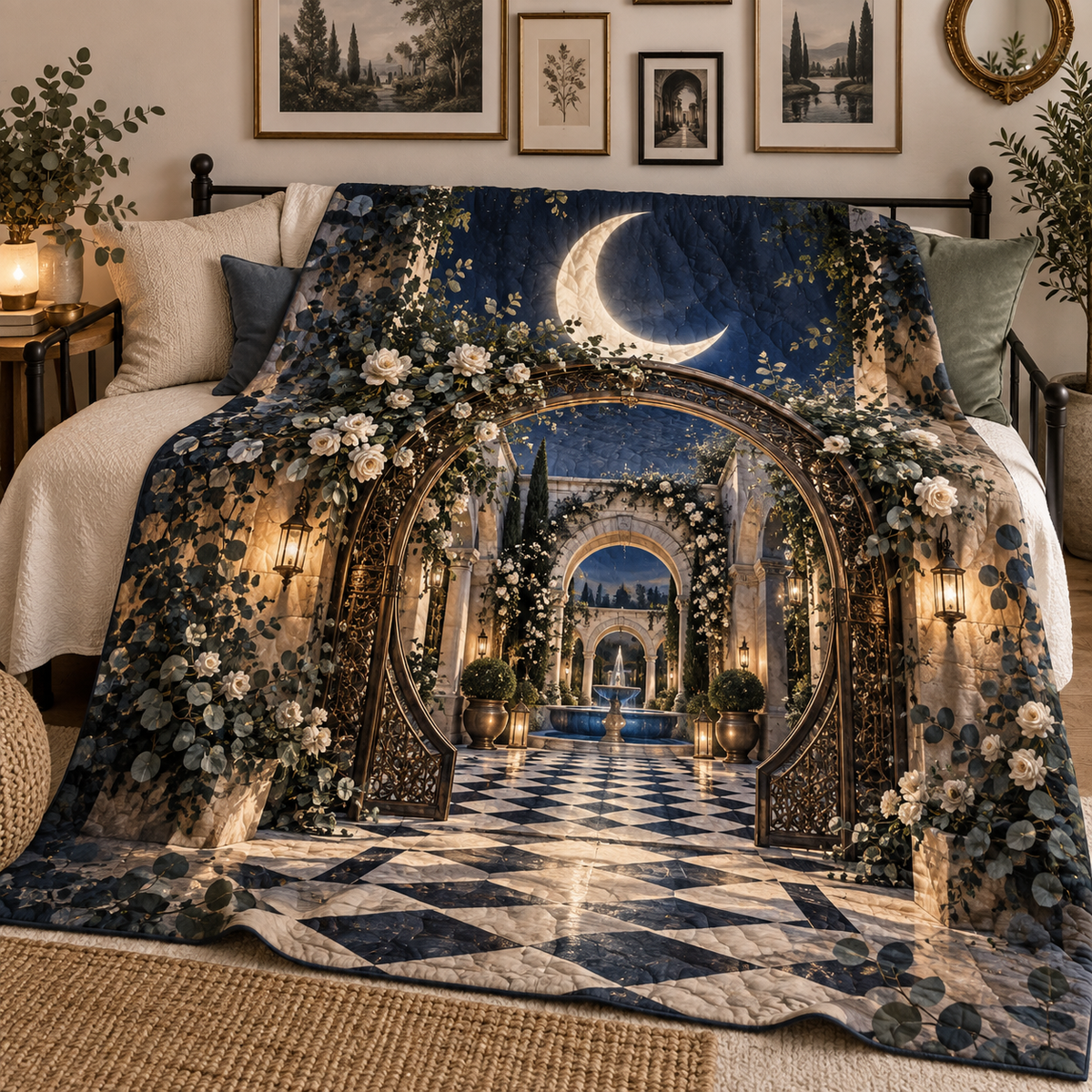 Moonlit Gallery Courtyard Quilt Blanket with printed optical 3D artwork in its use setting