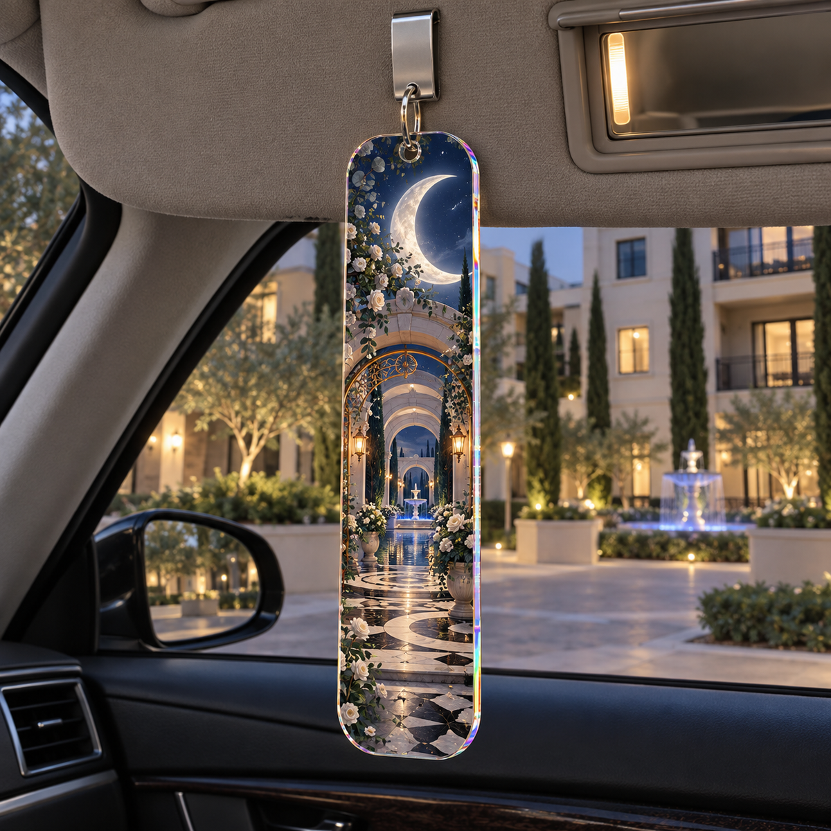 Moonlit Gallery Courtyard Holographic Car Visor Clip with printed optical 3D artwork in its use setting