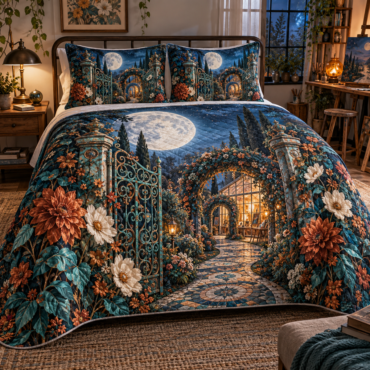 Moonlit Artisan Gate Quilted Bedding Set with printed optical 3D artwork in its use setting