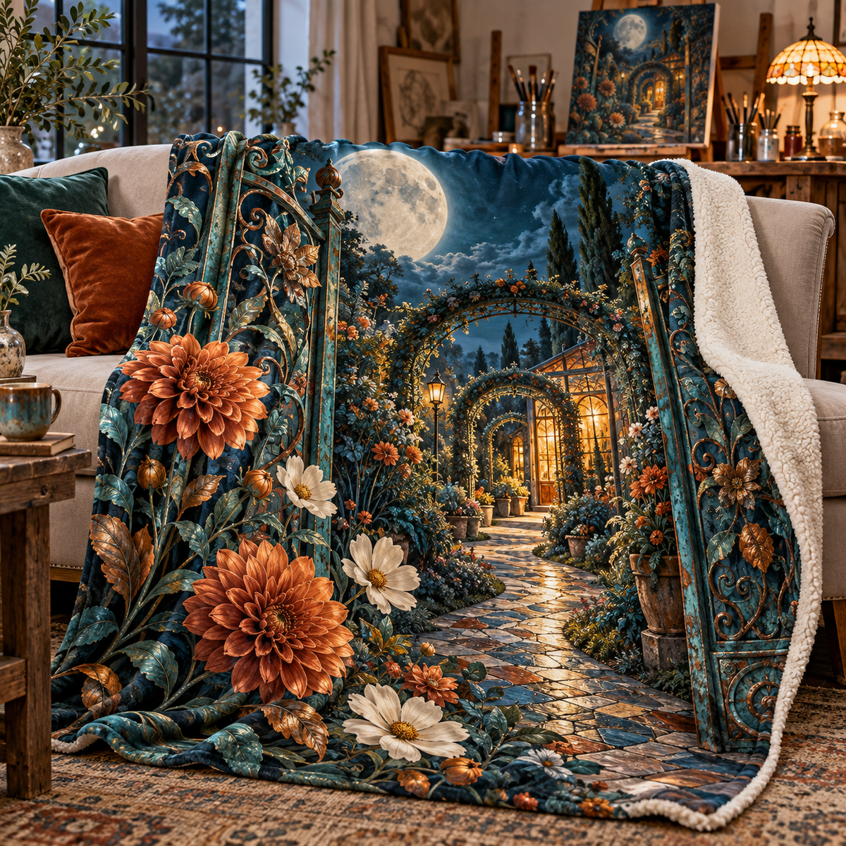 Moonlit Artisan Gate Sherpa & Fleece Blanket with printed optical 3D artwork in its use setting