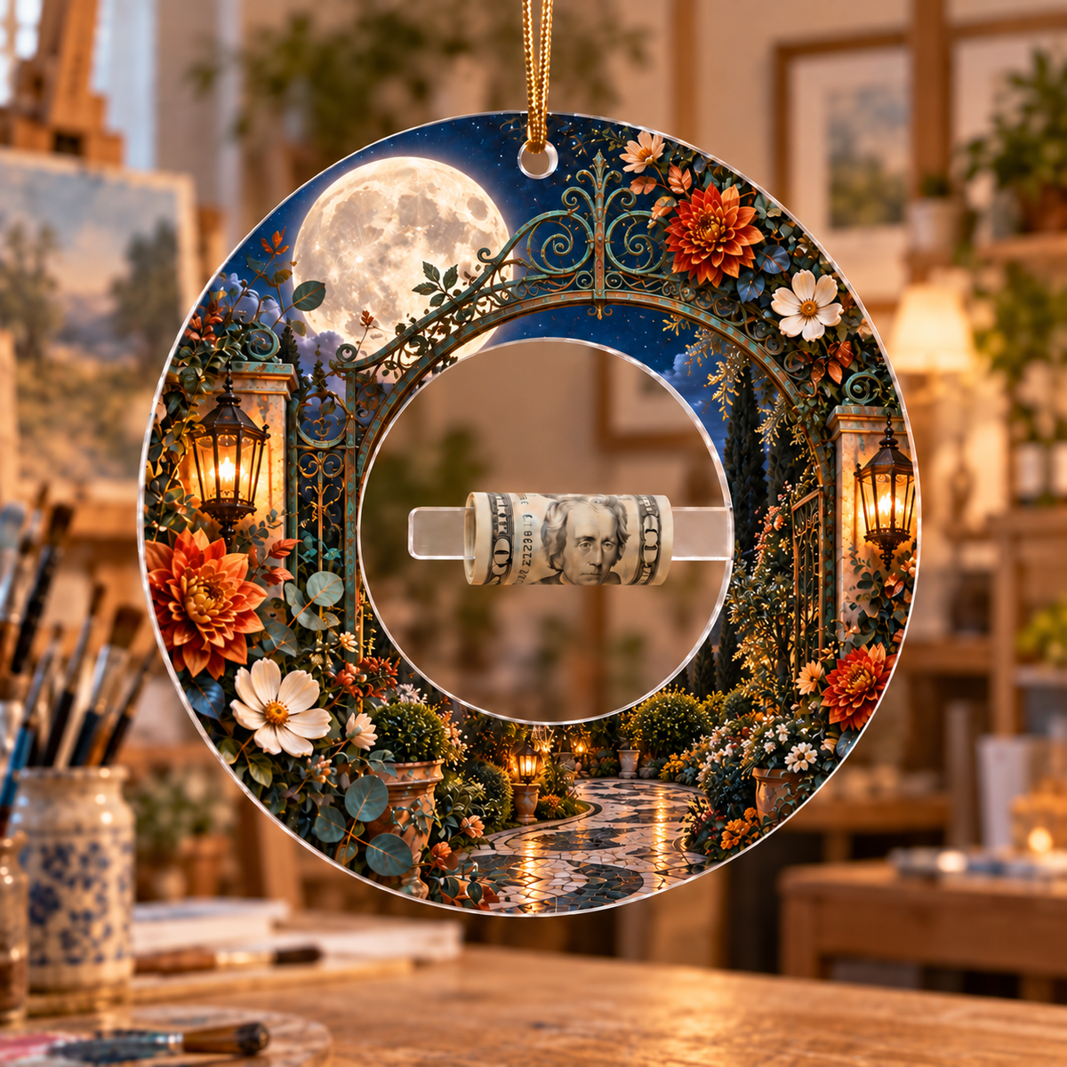 Moonlit Artisan Gate Acrylic Cash Holder Ornament with printed optical 3D artwork in its use setting