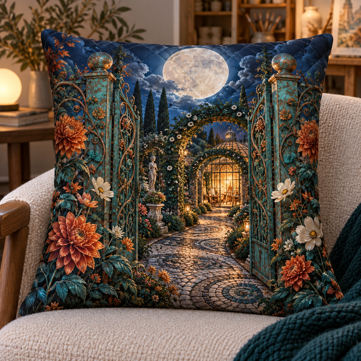 Moonlit Artisan Gate Quilted Cushion Cover with printed optical 3D artwork in its use setting