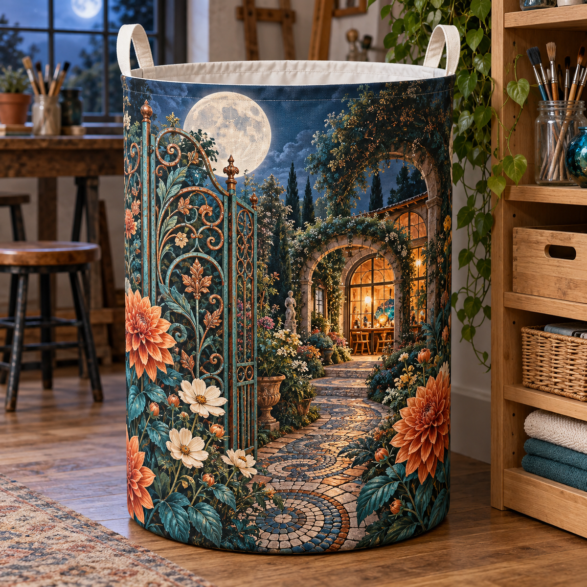 Moonlit Artisan Gate Laundry Hamper with printed optical 3D artwork in its use setting