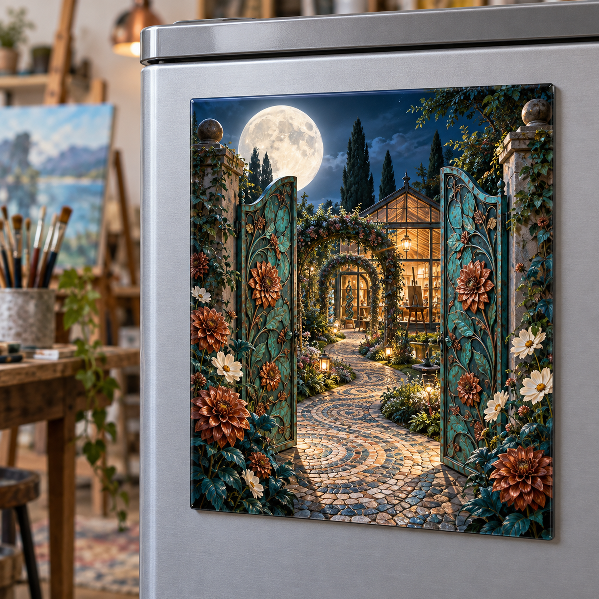 Moonlit Artisan Gate Acrylic Refrigerator Magnet with printed optical 3D artwork in its use setting