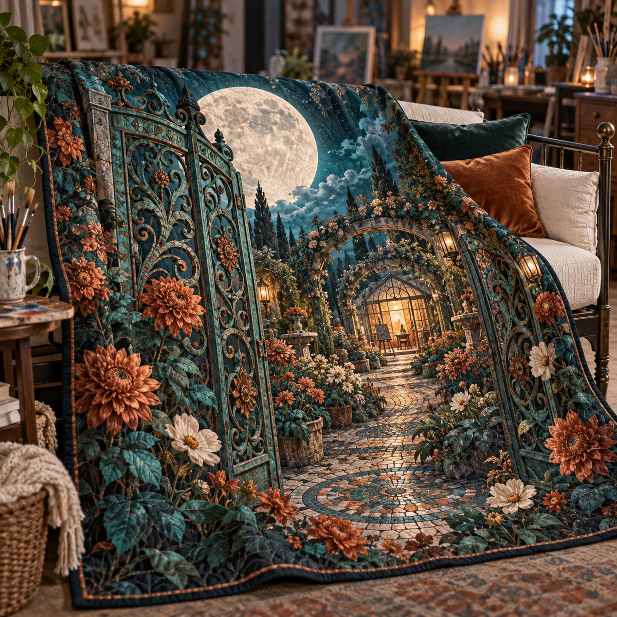 Moonlit Artisan Gate Quilt Blanket with printed optical 3D artwork in its use setting