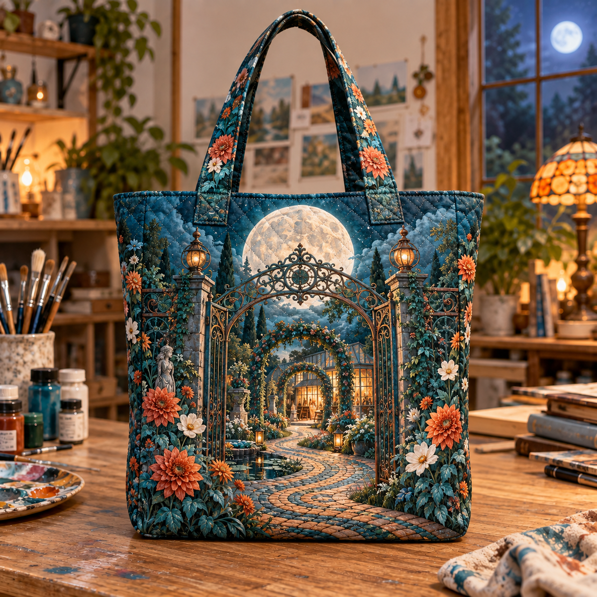 Moonlit Artisan Gate Quilted Tote Bag with printed optical 3D artwork in its use setting