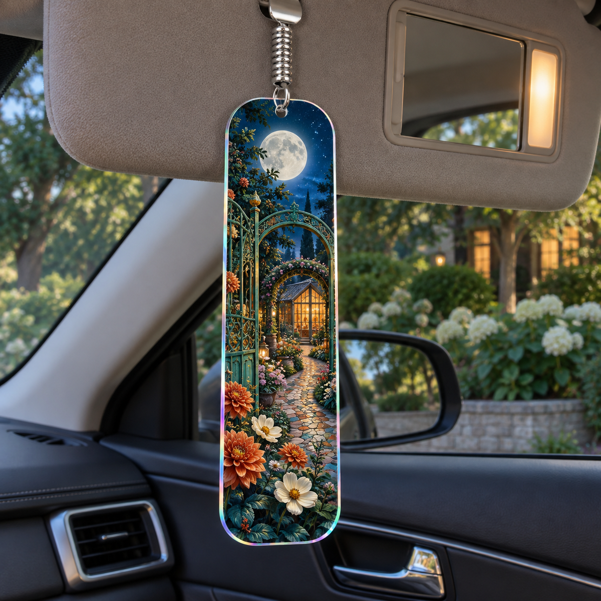 Moonlit Artisan Gate Holographic Car Visor Clip with printed optical 3D artwork in its use setting