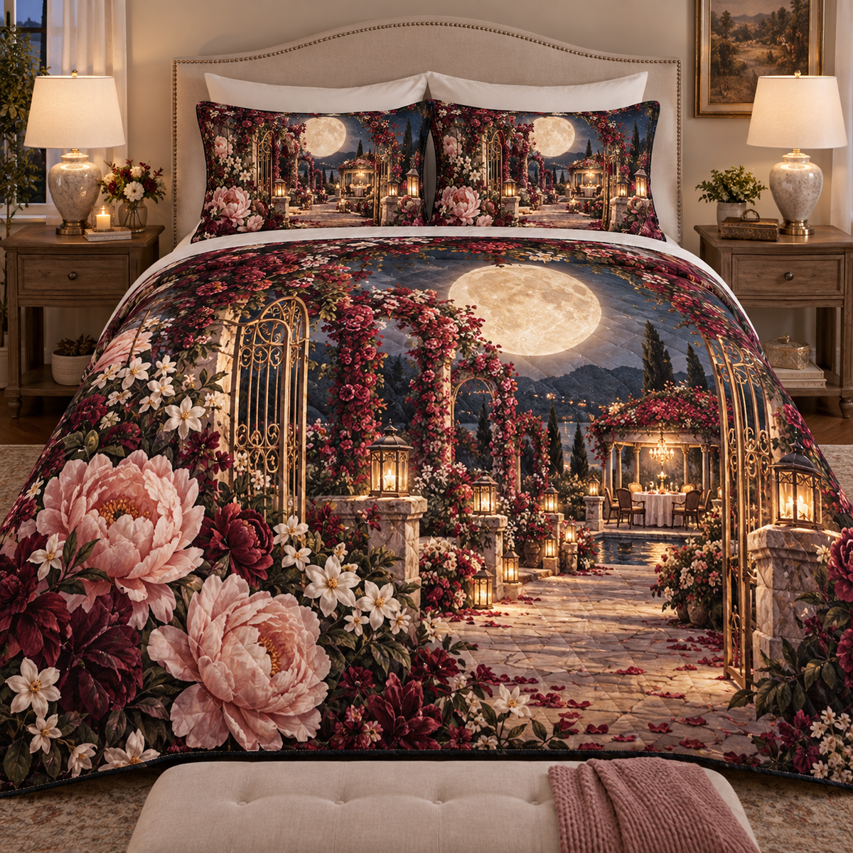 Moonlit Welcome Arbor Quilted Bedding Set with printed optical 3D artwork in its use setting