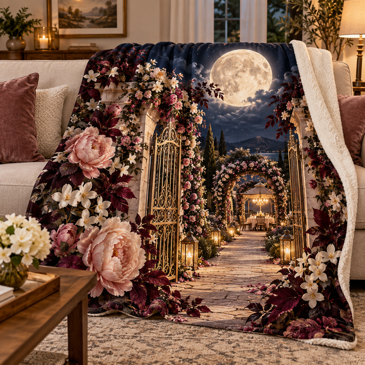 Moonlit Welcome Arbor Sherpa & Fleece Blanket with printed optical 3D artwork in its use setting