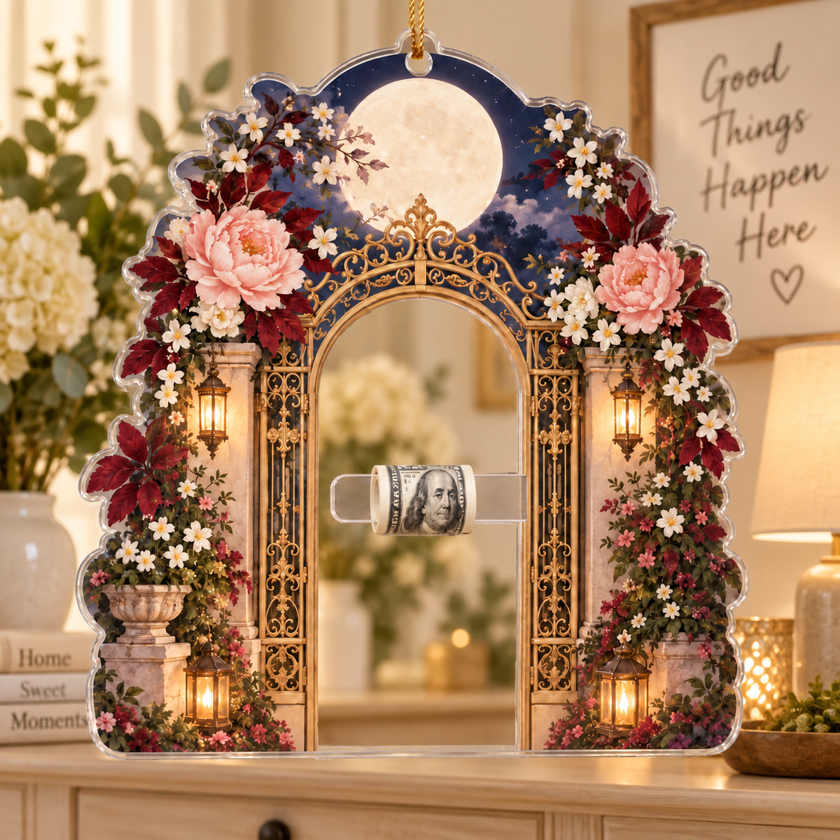 Moonlit Welcome Arbor Acrylic Cash Holder Ornament with printed optical 3D artwork in its use setting