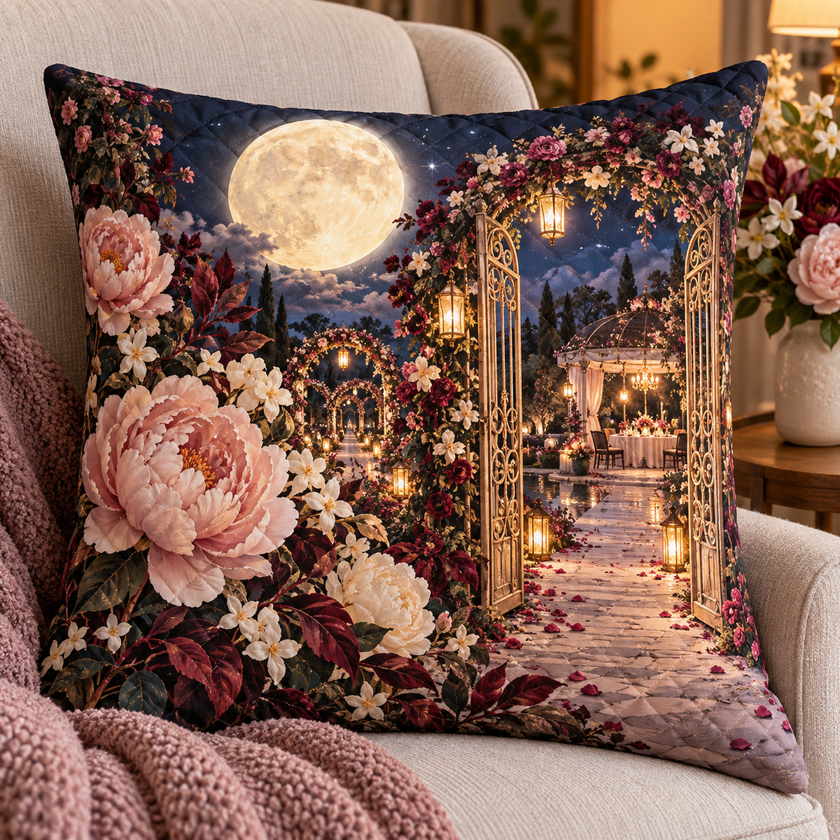 Moonlit Welcome Arbor Quilted Cushion Cover with printed optical 3D artwork in its use setting