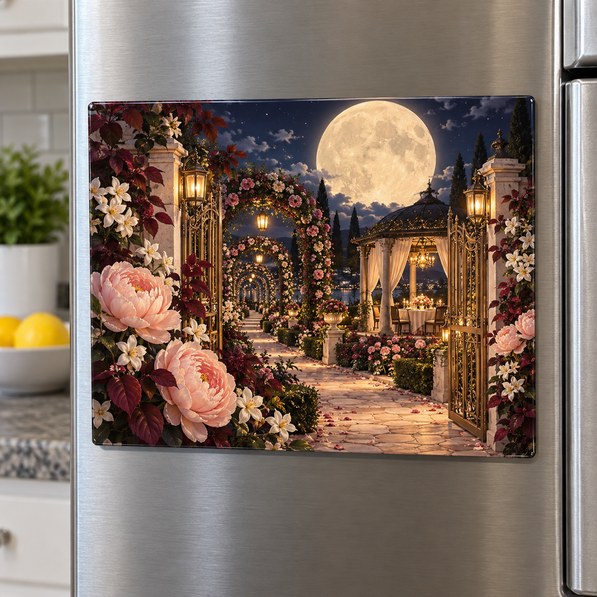 Moonlit Welcome Arbor Acrylic Refrigerator Magnet with printed optical 3D artwork in its use setting