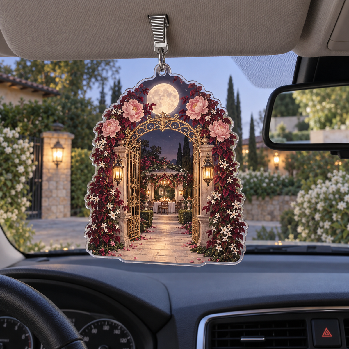 Moonlit Welcome Arbor Holographic Car Visor Clip with printed optical 3D artwork in its use setting
