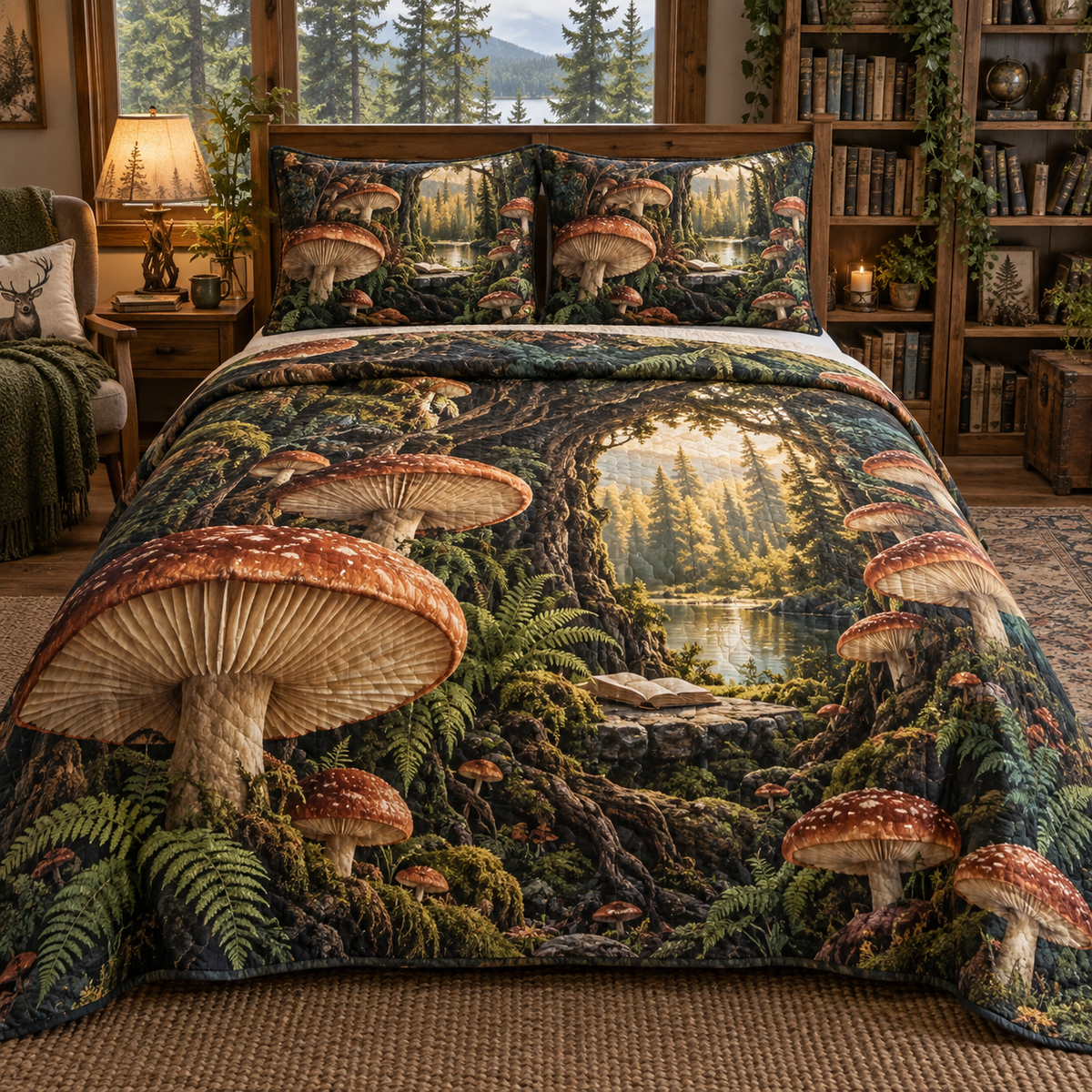 Woodland Reading Haven Quilted Bedding Set with printed optical 3D artwork in its use setting