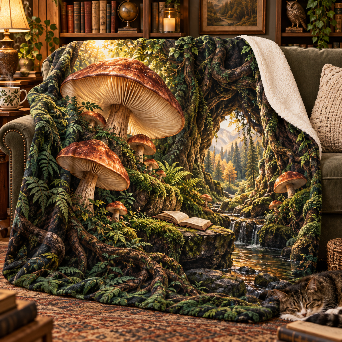 Woodland Reading Haven Sherpa & Fleece Blanket with printed optical 3D artwork in its use setting