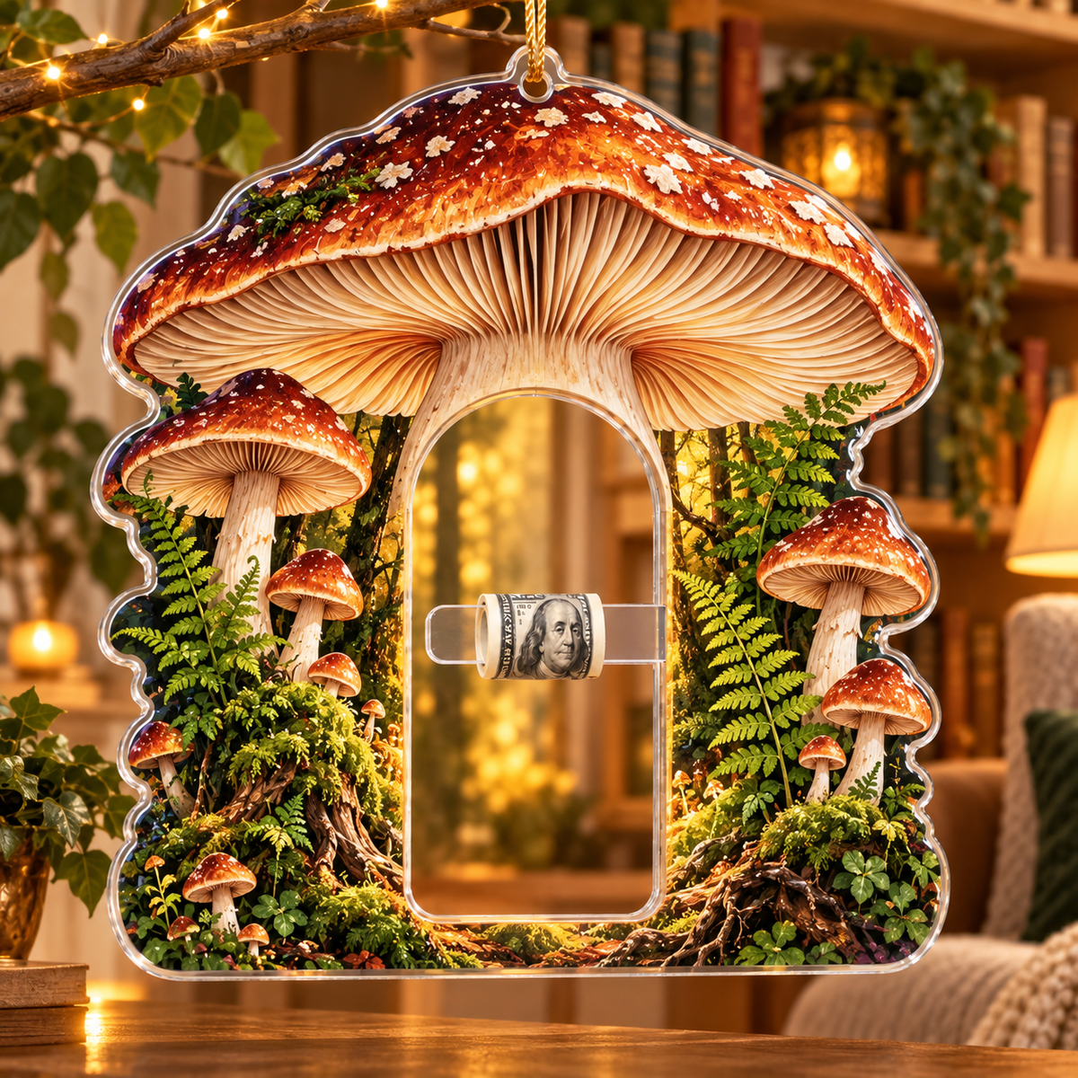 Woodland Reading Haven Acrylic Cash Holder Ornament with printed optical 3D artwork in its use setting