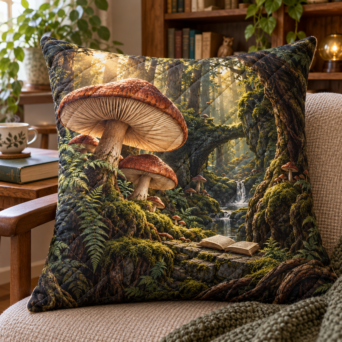 Woodland Reading Haven Quilted Cushion Cover with printed optical 3D artwork in its use setting