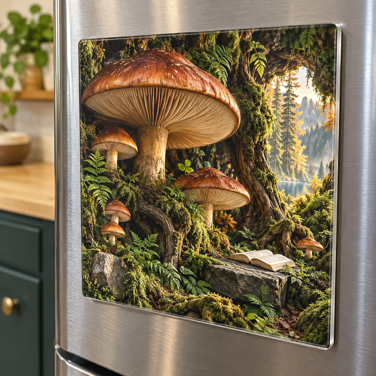 Woodland Reading Haven Acrylic Refrigerator Magnet with printed optical 3D artwork in its use setting