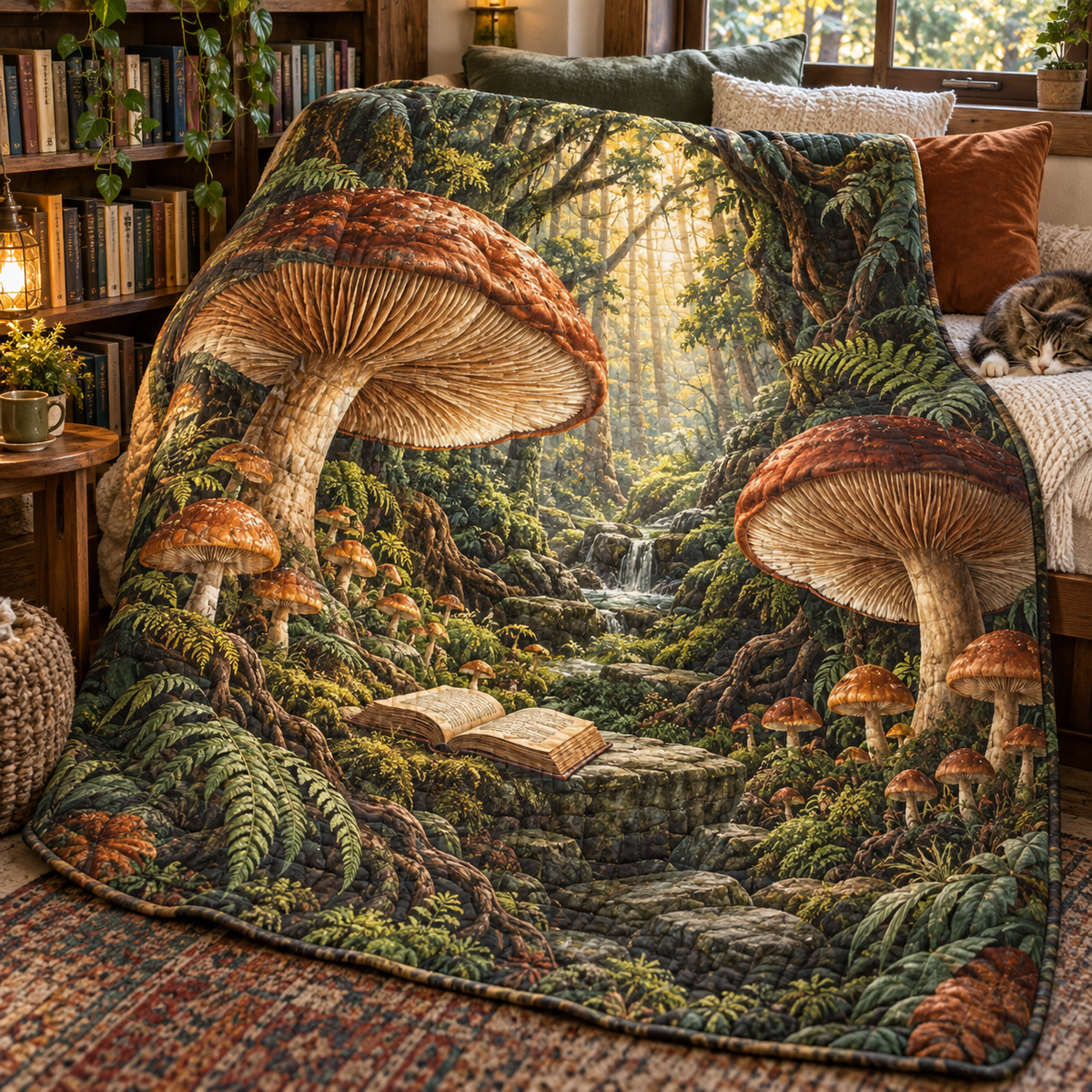 Woodland Reading Haven Quilt Blanket with printed optical 3D artwork in its use setting