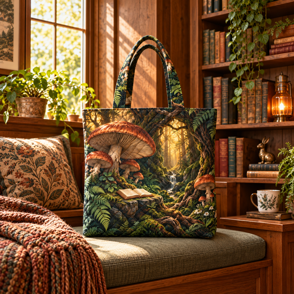 Woodland Reading Haven Quilted Tote Bag with printed optical 3D artwork in its use setting