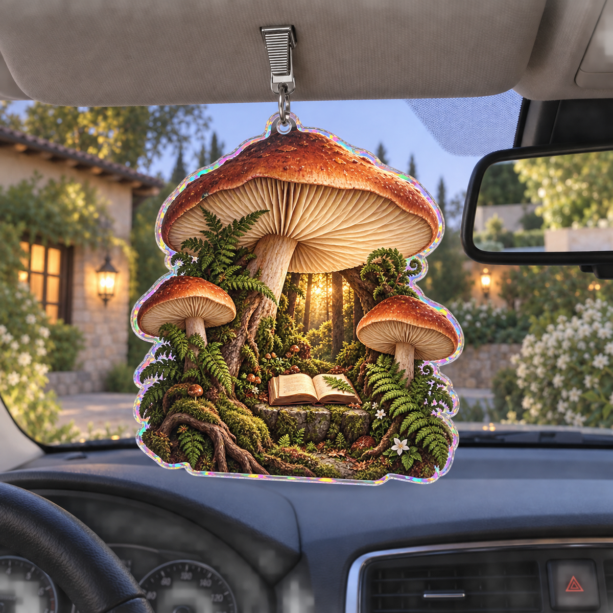 Woodland Reading Haven Holographic Car Visor Clip with printed optical 3D artwork in its use setting
