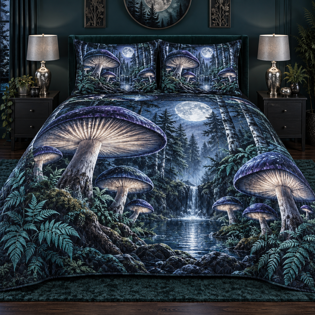 Midnight Mushroom Canopy Quilted Bedding Set with printed optical 3D artwork in its use setting