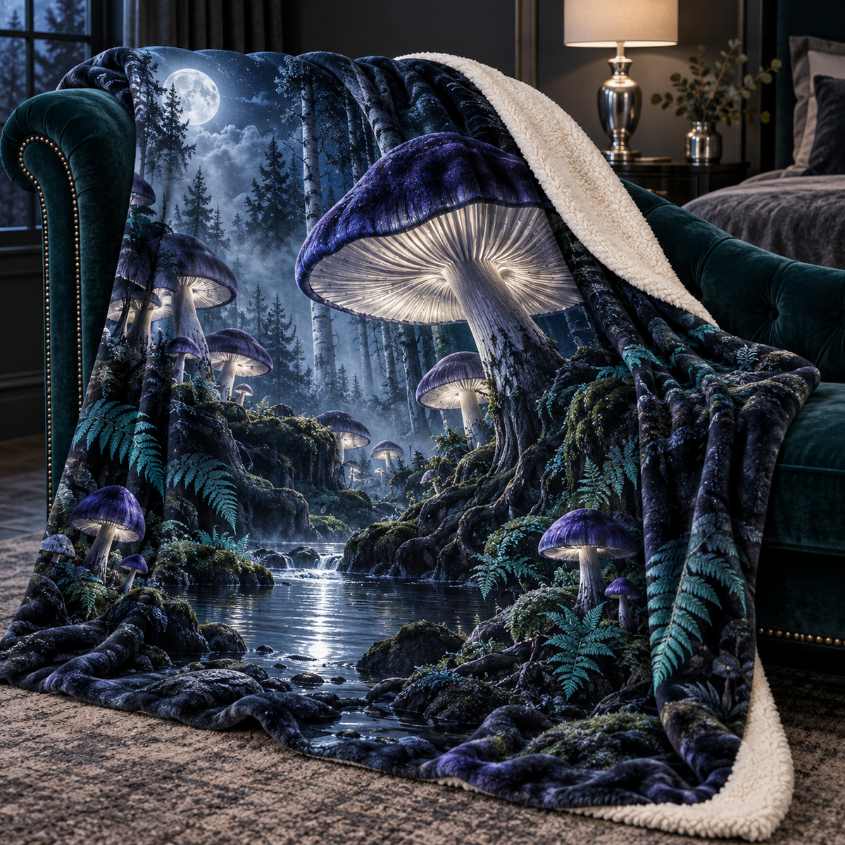 Midnight Mushroom Canopy Sherpa & Fleece Blanket with printed optical 3D artwork in its use setting