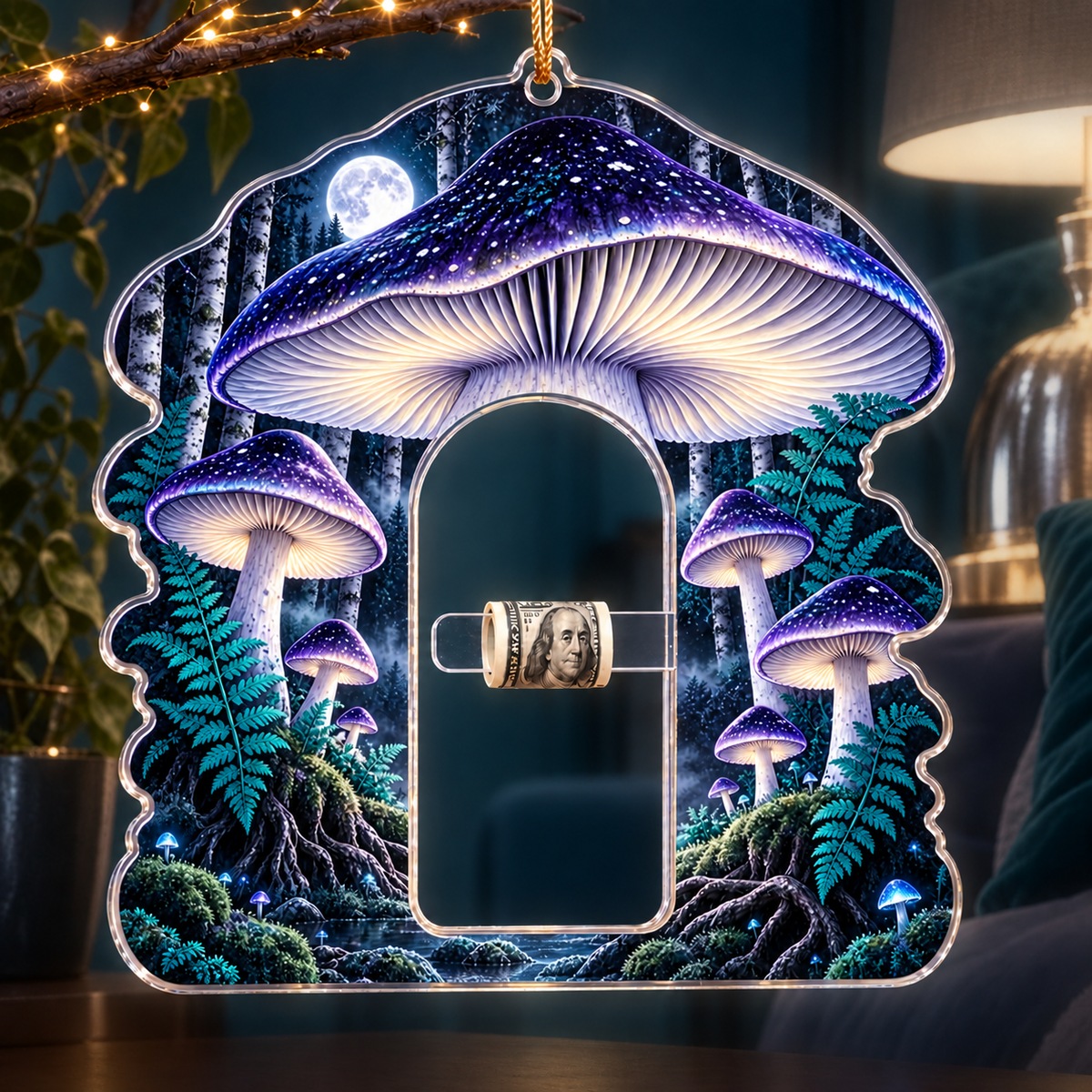 Midnight Mushroom Canopy Acrylic Cash Holder Ornament with printed optical 3D artwork in its use setting