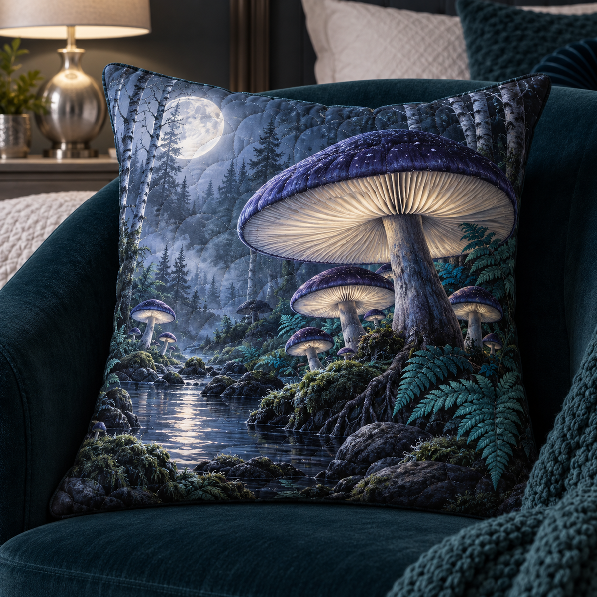 Midnight Mushroom Canopy Quilted Cushion Cover with printed optical 3D artwork in its use setting