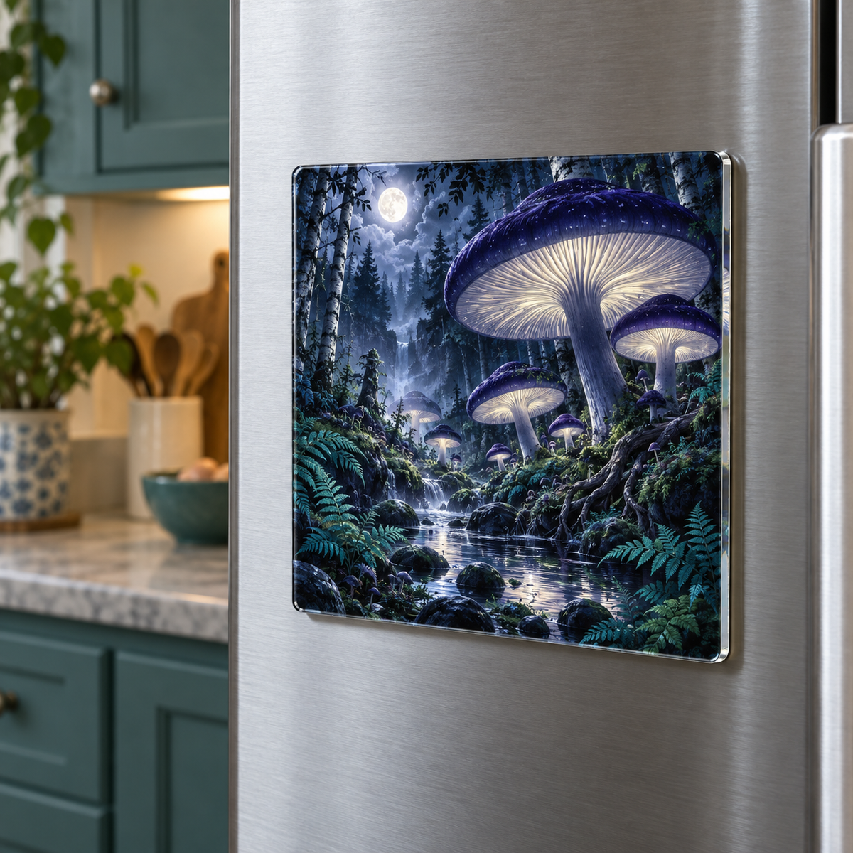 Midnight Mushroom Canopy Acrylic Refrigerator Magnet with printed optical 3D artwork in its use setting