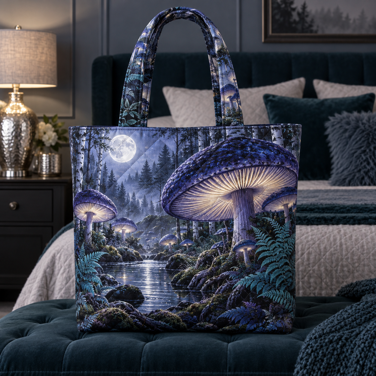 Midnight Mushroom Canopy Quilted Tote Bag with printed optical 3D artwork in its use setting