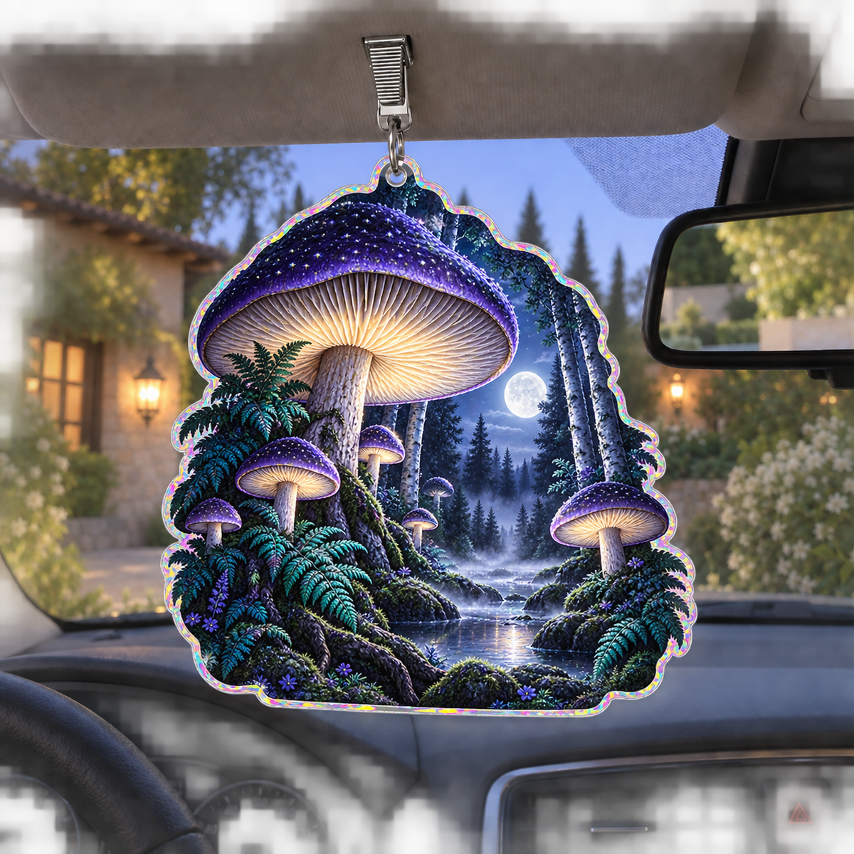 Midnight Mushroom Canopy Holographic Car Visor Clip with printed optical 3D artwork in its use setting