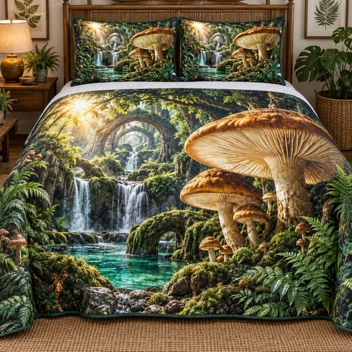 Amber Mushroom Atrium Quilted Bedding Set with printed optical 3D artwork in its use setting