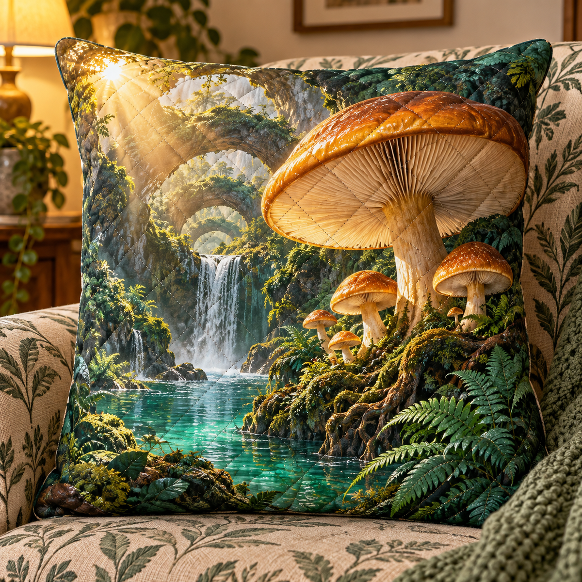 Amber Mushroom Atrium Quilted Cushion Cover with printed optical 3D artwork in its use setting