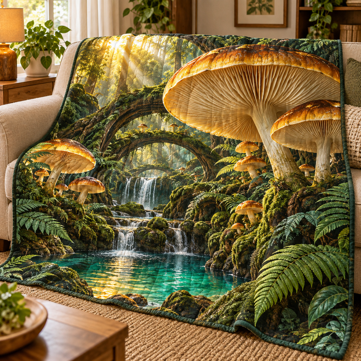 Amber Mushroom Atrium Quilt Blanket with printed optical 3D artwork in its use setting