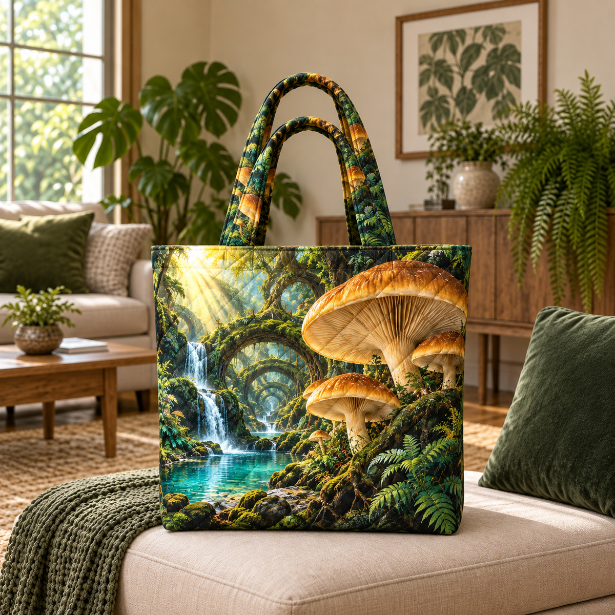 Amber Mushroom Atrium Quilted Tote Bag with printed optical 3D artwork in its use setting