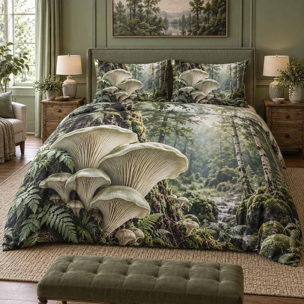 Sage Mushroom Study Quilted Bedding Set with printed optical 3D artwork in its use setting