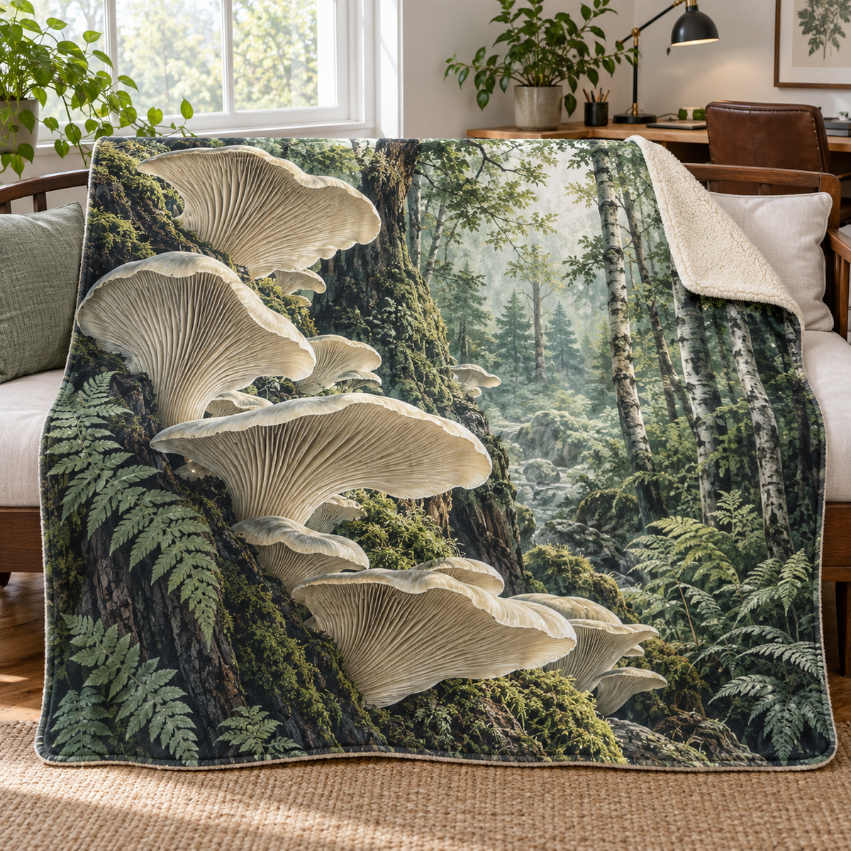 Sage Mushroom Study Sherpa & Fleece Blanket with printed optical 3D artwork in its use setting
