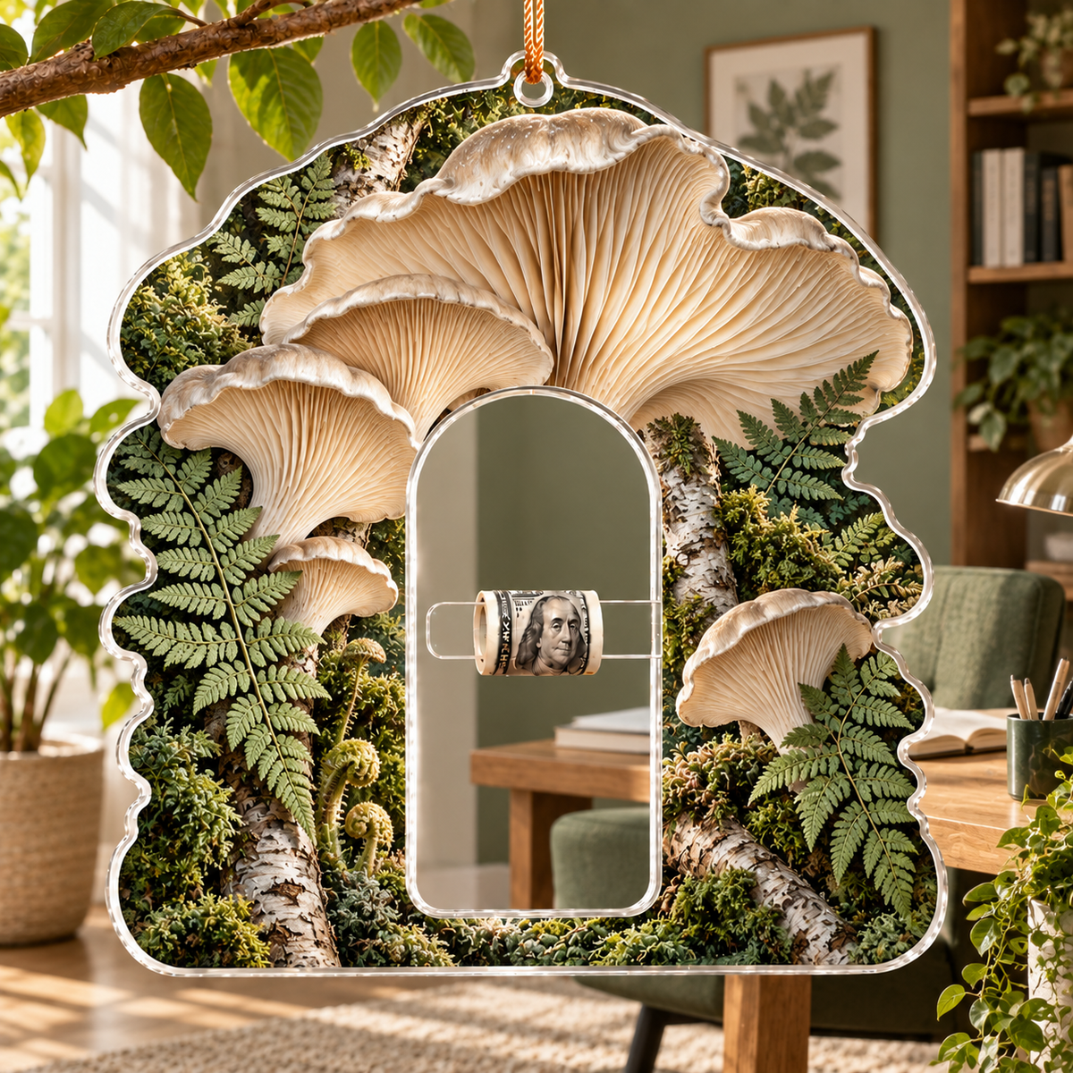 Sage Mushroom Study Acrylic Cash Holder Ornament with printed optical 3D artwork in its use setting