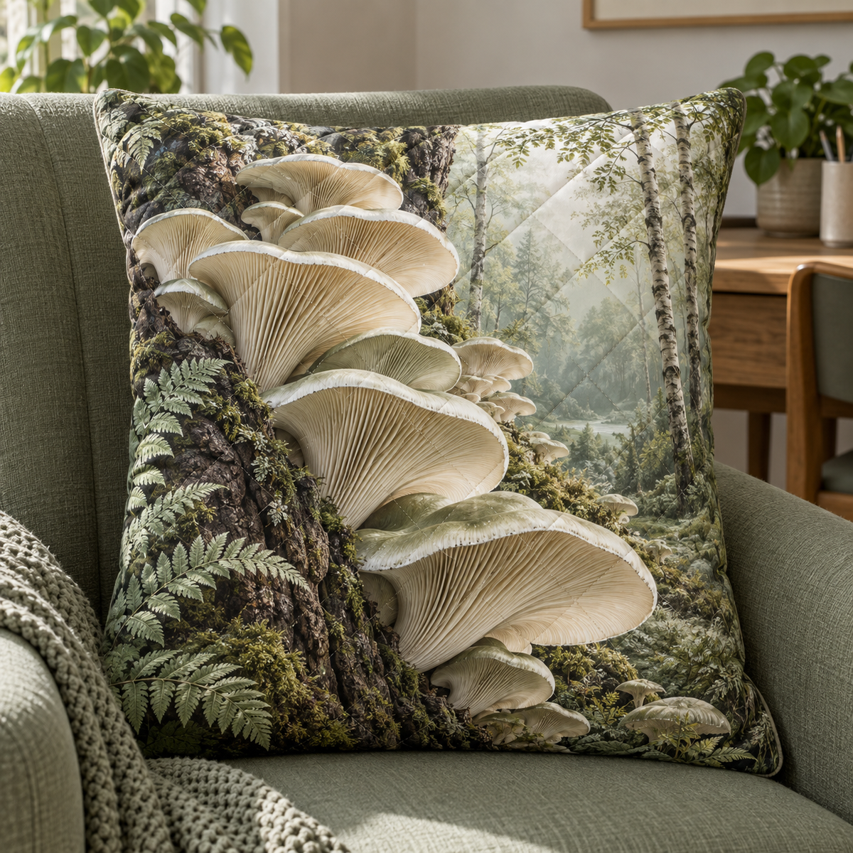 Sage Mushroom Study Quilted Cushion Cover with printed optical 3D artwork in its use setting