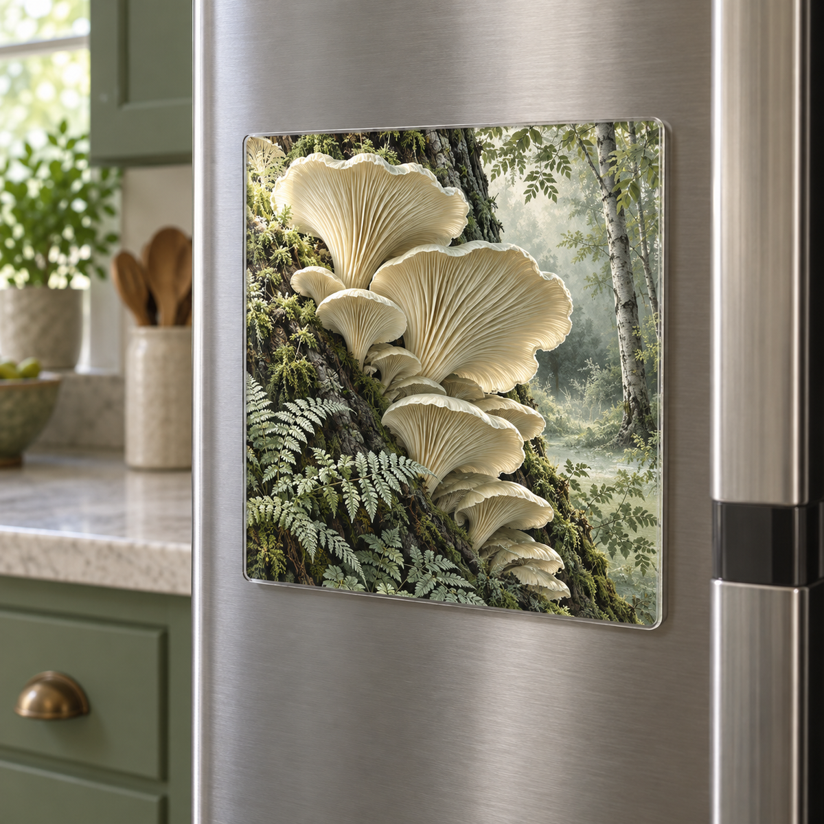 Sage Mushroom Study Acrylic Refrigerator Magnet with printed optical 3D artwork in its use setting