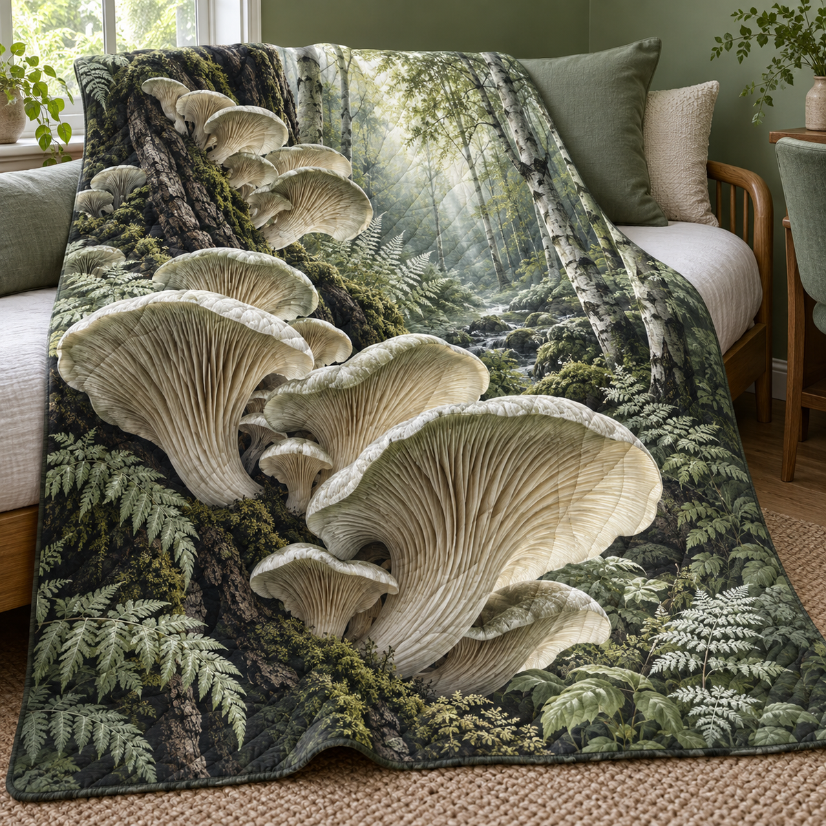 Sage Mushroom Study Quilt Blanket with printed optical 3D artwork in its use setting